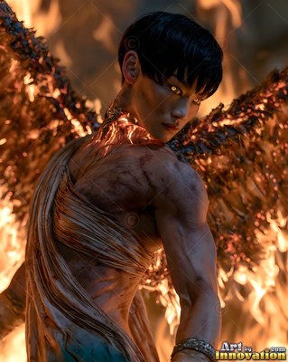 Looking over her shoulder in a fire, a muscular woman turns with burning wings