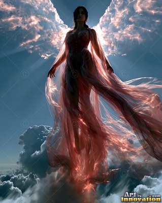 A winged woman in a flowing red dress floats high above the blue clouds