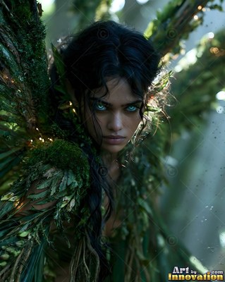 Staring ahead with pale blue eyes, a dark-haired woman wears wings made of moss and leaves
