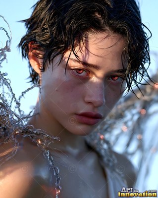 Woman with short wet black hair and red eyes under sunlight