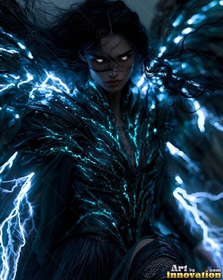Bright white eyes peer from a dark woman wearing lightning-veined armor in the night