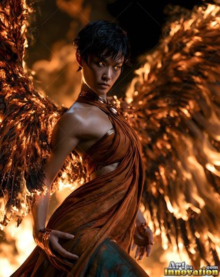 A feather-winged woman stands in an orange dress with bright yellow flames behind her
