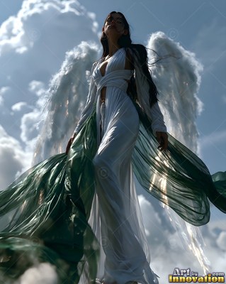 Looking down from the sky, a winged woman stands in flowing green and white silk