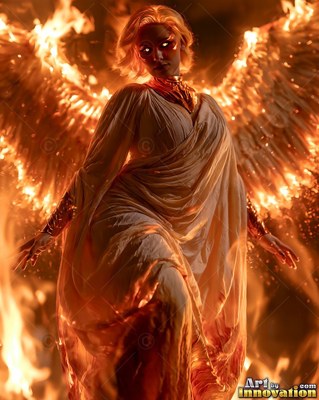 A woman in a dress in white stands forward with burning fire wings