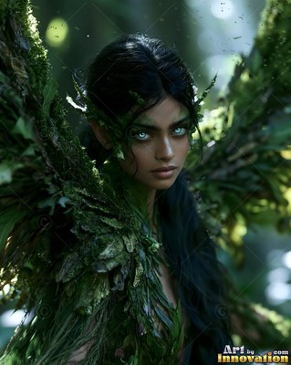 In a green forest, a woman with pale eyes wears wings made of moss and leaves