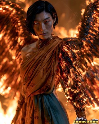 Standing before a blaze, a dark-haired woman bears feathered fire wings and draped cloth