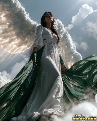 A woman in a white and green dress with cloud wings