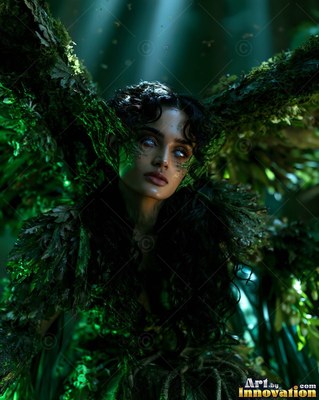 Moss covers the shoulders of a dark-haired woman under sunbeams in a dim forest