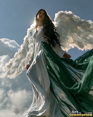 A feather-winged woman walks forward with cloud wings against bright sunlight