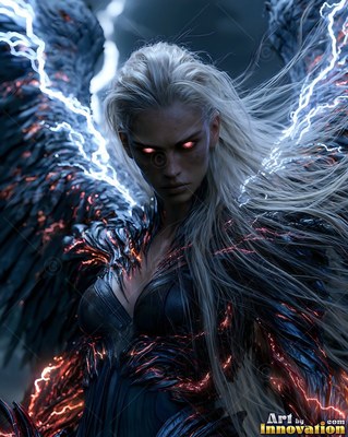 Facing forward in the dark, a woman with wings has lightning sparking over her black feathers