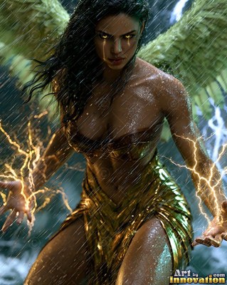 A winged woman crouches in the rain with lightning crackling around her hands