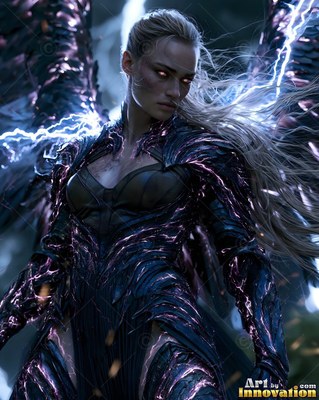 In a dark storm, a woman with wings stands in dark armor lined with blue lightning