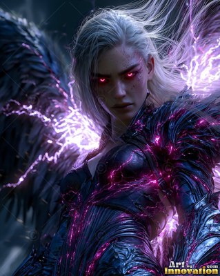 Standing in dark armor, a woman with wings crackles with bright purple lightning