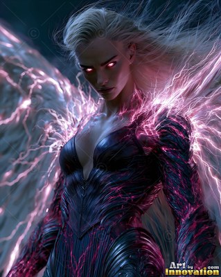 A blonde woman with pink lightning wings wearing dark armor