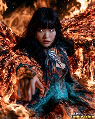 A woman reaches forward with burning wings lit by orange firelight