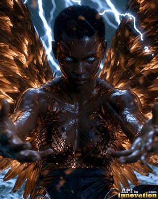 Facing forward in a lightning storm, a winged woman reaches out with both hands