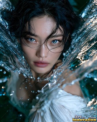A woman with blue eyes and wet dark hair looks up from splashing water