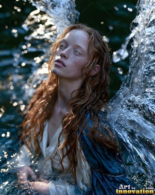 In a dark pool, a red-haired woman looks up with wings made of splashing water