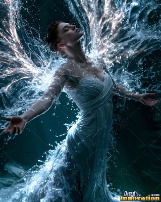 Rising from dark water, a woman spreads water splash wings in a pale blue dress