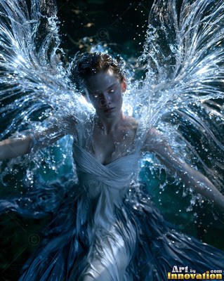 Woman in a blue dress with wings made of splashing water