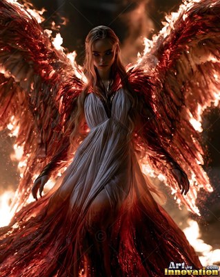 In a draped white gown, a woman with fiery wings stands in dark smoke and yellow flames