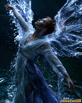 A woman raises her arms as wings of spraying water spread around her in deep blue light