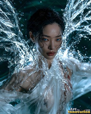 Facing forward in dark water, a woman has clear splash wings rising behind her