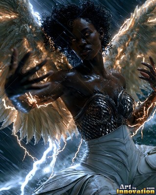 A winged Black woman reaching forward in the rain as lightning sparks around her arms