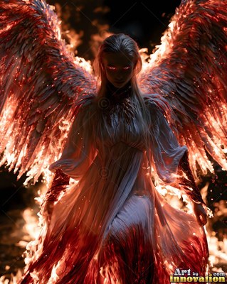 In the dark, a winged woman in a pale dress stands with burning feathers