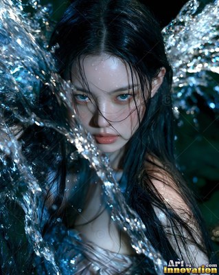 Gazing forward, a wet-haired woman is framed by clear wings of splashing water