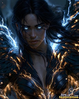 Dark-haired woman with bright blue eyes and black feathered wings with lightning