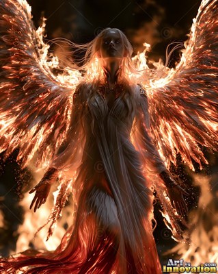 White gown flowing, a winged woman with fire spreading from her feathers stands in the dark