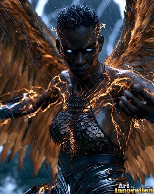 A winged Black woman reaches forward in falling rain with bright orange lightning on her skin