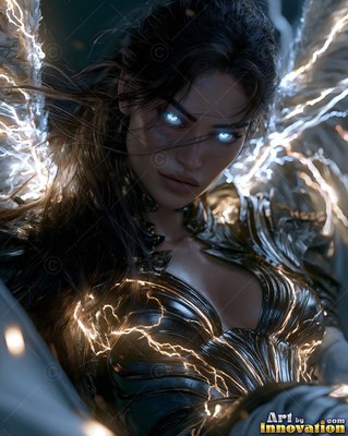 Leaning forward in a dark sky, a feather-winged woman has bright lightning across her armor