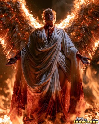 A woman in a draped white robe stands with burning fire wings open wide