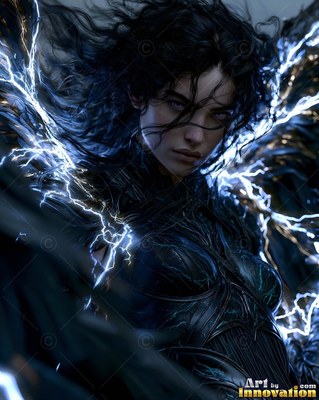 In a dark sky, a woman in black armor spreads wings covered in lightning