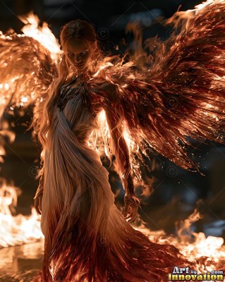 Standing in flames, a woman spreads large fiery wings in a dress in white