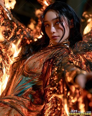 Woman with fiery wings leaning forward in warm light
