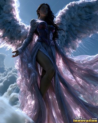 A woman wearing a flowing purple dress rises through blue clouds on feathered wings