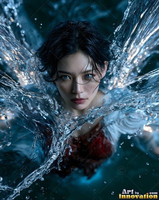 A woman surfaces with water wings splashing behind her in cool blue light