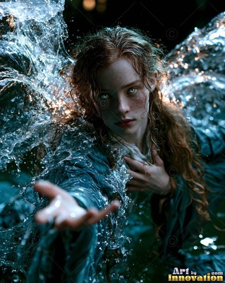 Reaching forward in dark water, a woman has wings made of splashing spray