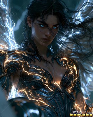A winged dark-haired woman in armor crackling with bright yellow lightning