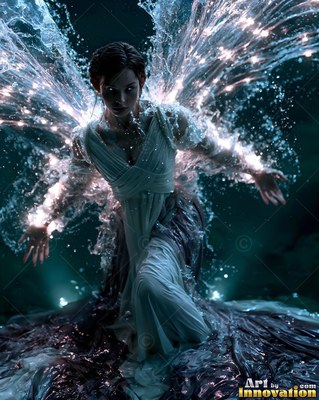In dark water, a woman in a pale dress spreads splashing wings made of clear spray
