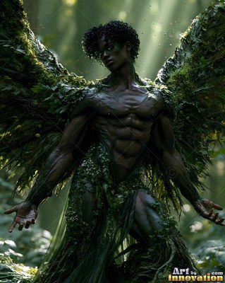 Standing in sunbeams, a muscular woman with mossy wings wears leaves in a forest