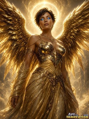 In golden clouds, a winged woman in metal armor looks forward with bright blue eyes