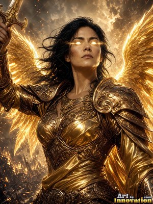 Holding a sword above her head, a dark-haired winged woman stands in gold armor over a battlefield