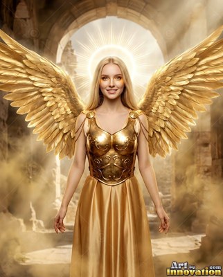 Smiling woman with gold wings and armor standing by a stone arch