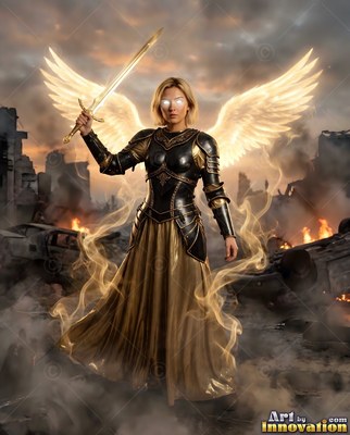 Black armor covers a winged woman holding a sword on a ruined battlefield