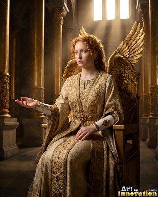 A winged woman sits on a golden throne with sunlight falling from a window above