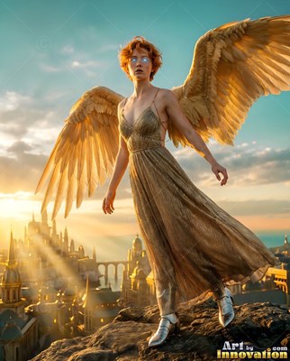 Standing on a rock above a sunlit city, a winged woman wears a shining gold dress